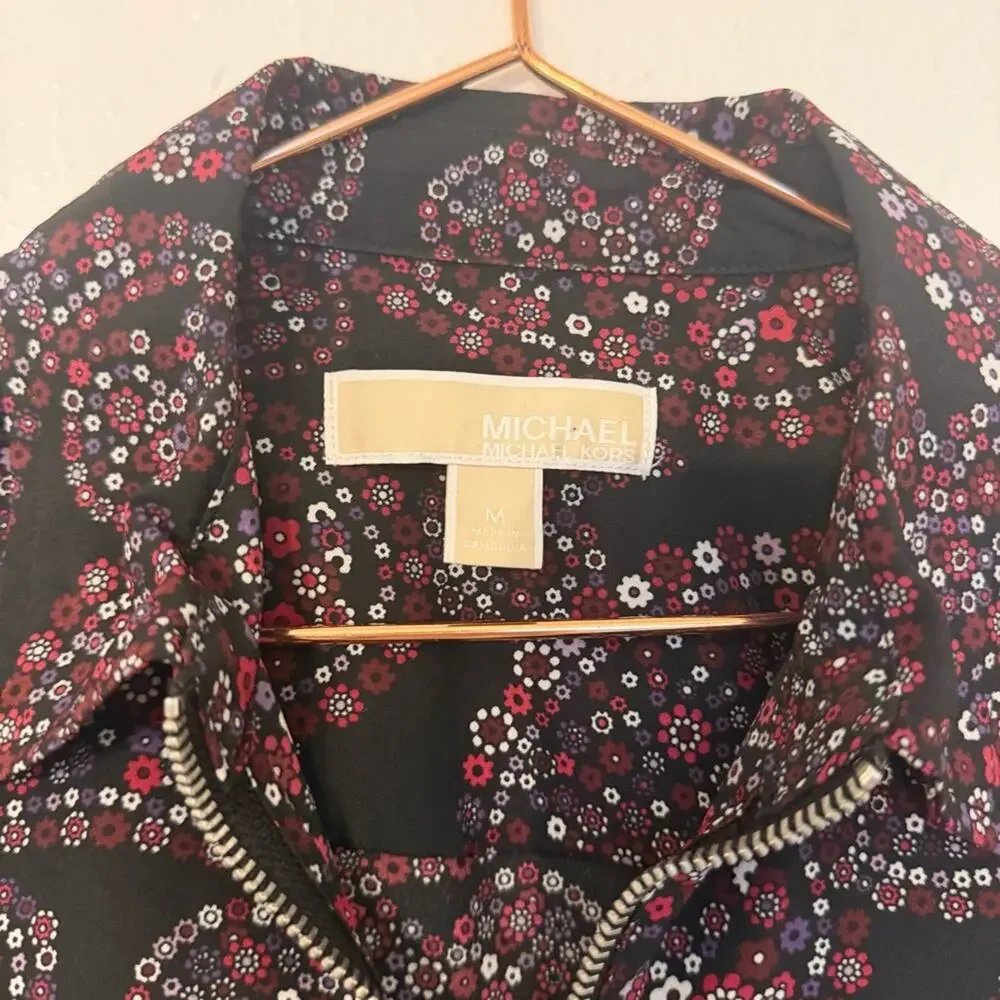 Michael Michael Kors Black and Red Floral Zip-Up Shirt - Picture 2 of 6